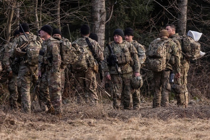 American soldiers at a military camp in Arlamow, southeastern Poland, near the border with Ukraine, on March 3, 2022. (Photo by WOJTEK RADWANSKI/AFP via Getty Images)