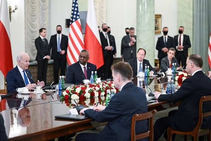 President Joe Biden meets with Polish President Andrzej Duda at the presidential palace in Warsaw on March 26, 2022. (Photo by BRENDAN SMIALOWSKI/AFP via Getty Images)