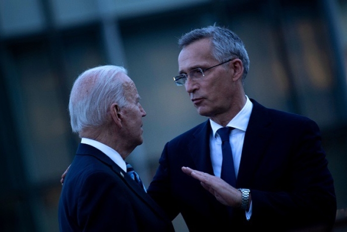 President Joe Biden and NATO Secretary General Jens Stoltenberg at a summit on June 14, 2021, at NATO Headquarters in Brussels. (Photo by BRENDAN SMIALOWSKI/AFP via Getty Images)