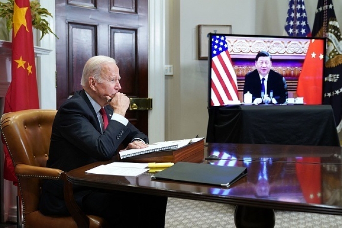 President Biden holds a virtual meeting with Chinese President Xi Jinping last November. (Photo by Mandel Ngan/AFP via Getty Images)