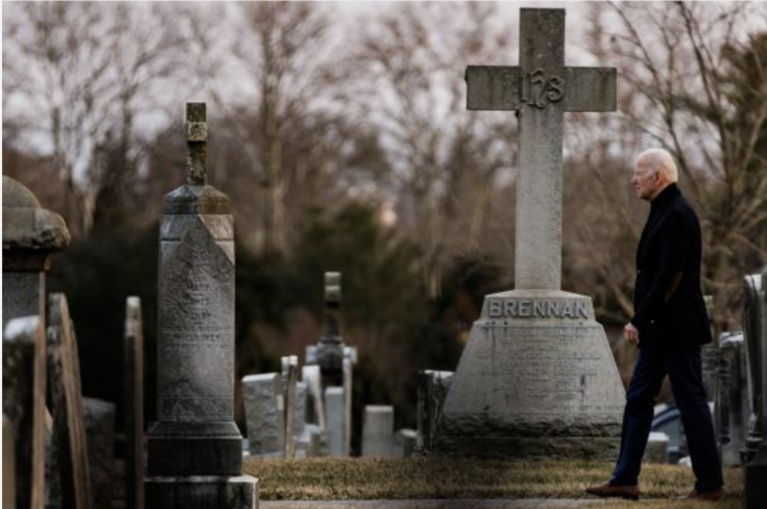 President Joe Biden walking through the churchyard after attending Mass at St. Joseph on the Brandywine Catholic Church in Greenville, Del., March 5, 2022. (Photo by Samuel Corum/AFP via Getty Images)