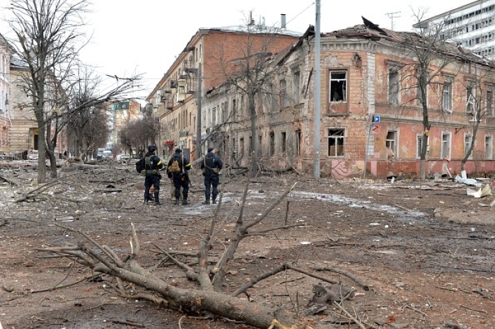 The result of Russian shelling in Ukraine's second-biggest city of Kharkiv on March 7, 2022. (Photo by SERGEY BOBOK/AFP via Getty Images)