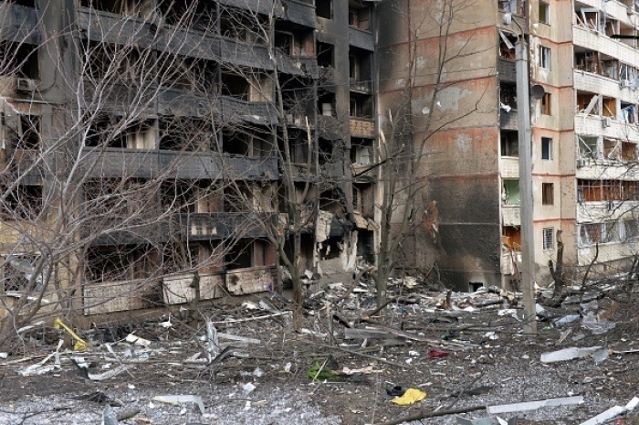 The remains of an apartment building destroyed by Russian shelling in Ukraine’s second largest city, Kharkiv. (Photo by Sergey Bobok/AFP via Getty Images)