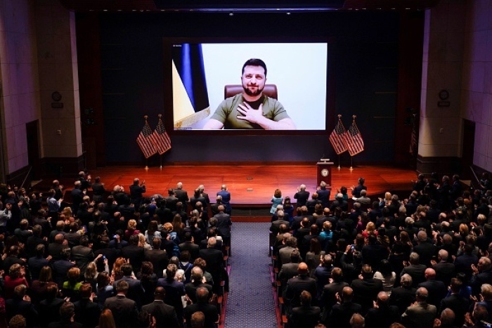 Ukrainian President Volodymyr Zelensky virtually addresses the U.S. Congress on March 16, 2022. (Photo by J. SCOTT APPLEWHITE/POOL/AFP via Getty Images)