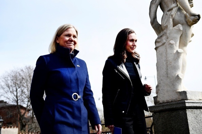 Swedish Prime Minister Magdalena Andersson, left, and Finnish Prime Minister Sanna Marin, held talks in Stockholm on Wednesday. (Photo by Paul Wennerholm / TT News Agency /AFP via Getty Images)