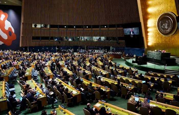 Ukrainian Ambassador Sergiy Kyslytsya addresses the U.N. General Assembly before Thursday’s vote on Russia’s HRC membership. (Photo by Timothy A. Clary/AFP via Getty Images)