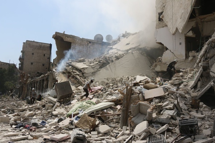 Devastation in Aleppo, Syria caused by Russian and Assad regime bombing in 2016.  (Photo by Thaer Mohammed/AFP via Getty Images)