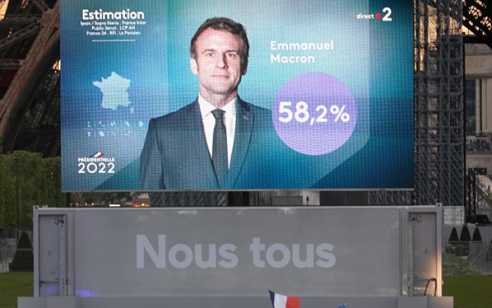 Emmanuel Macron's victory celebration at the Champ de Mars near the Eiffel Tower on April 24, 2022 in Paris, France. (Photo by Jean Catuffe/Getty Images)