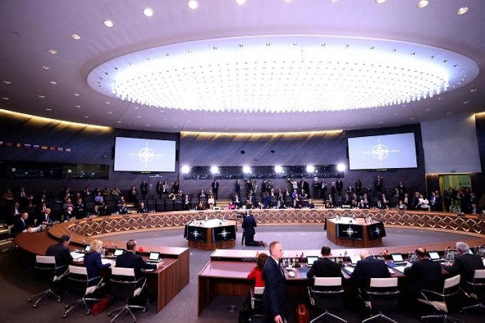 NATO Foreign Ministers meet at NATO headquarters in Brussels on April 7, 2022. (Photo by FRANCOIS WALSCHAERTS/AFP via Getty Images)