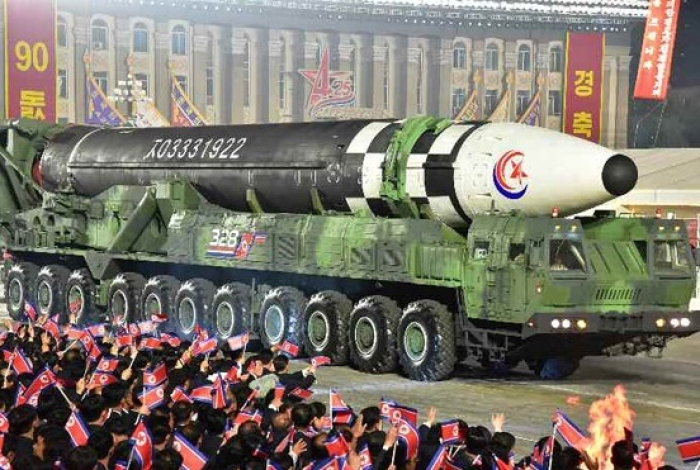 A photo released by an organ of the ruling Workers’ Party of Korea purportedly shows the regime’s new Hwasong-17 ICBM, during a military parade in Pyongyang on Monday night. (Photo: Rodong Sinmun)