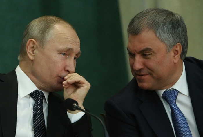 Russian President Vladimir Putin with State Duma Speaker Vyacheslav Volodin. (Photo by Mikhail Svetlov/Getty Images)