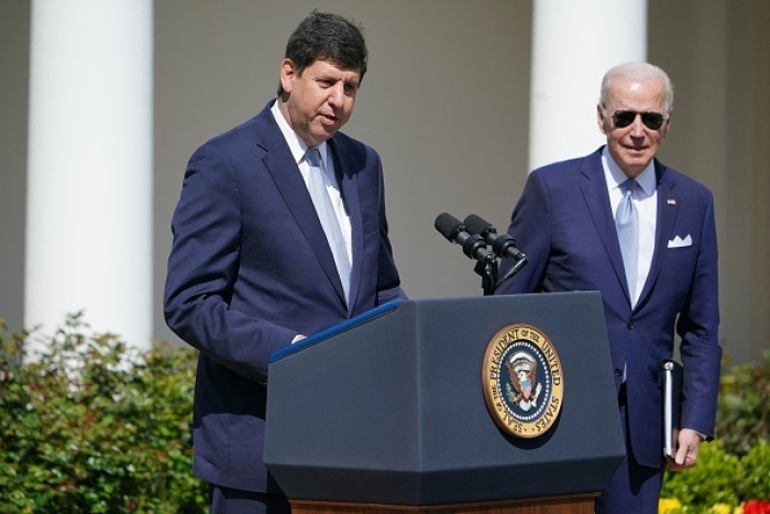 President Joe Biden stands with Steve Dettelbach, his nominee for Director of the Bureau of Alcohol, Tobacco, Firearms, and Explosives on April 11, 2022. (Photo by MANDEL NGAN/AFP via Getty Images)
