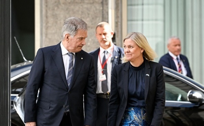 Finnish President Sauli Niinisto and Swedish Prime Minister Magdalena Andersson in Stockholm on Tuesday. (Photo by Anders Wiklund/ TT News Agency /AFP via Getty Images)