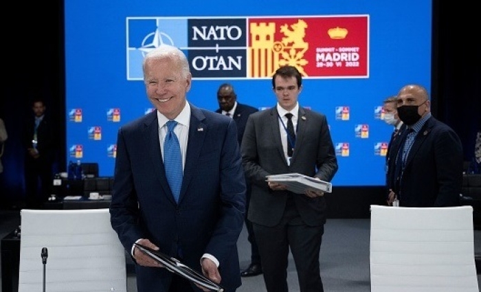 President Biden at the NATO summit in Madrid on Wednesday. (Photo by Brendan Smialowski / Pool / AFP via Getty Images)