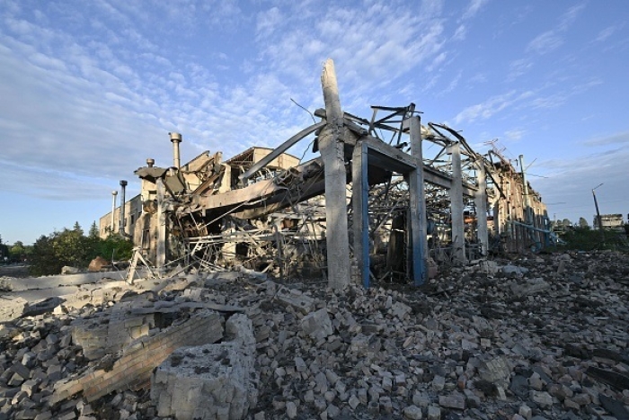 The remains of a railyway freight cars repair yard depot in Kyiv following Sunday’s early morning Russian missile strike. (Photo by Genya Savilov/AFP via Getty Images)