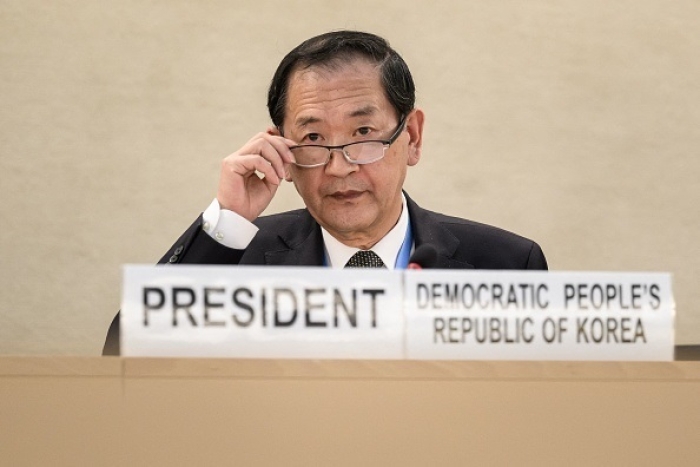 North Korea’s delegate to the Conference of Disarmament, Han Tae Song, presides over the session in Geneva on Thursday. (Photo by Fabrice Coffrini/AFP via Getty Images)