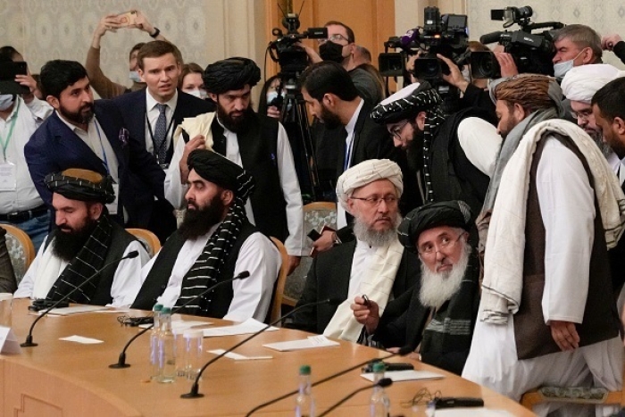 A delegation of Taliban leaders in Moscow last October. (Photo by Alexander Zemlianichenko/ Pool /AFP via Getty Images)