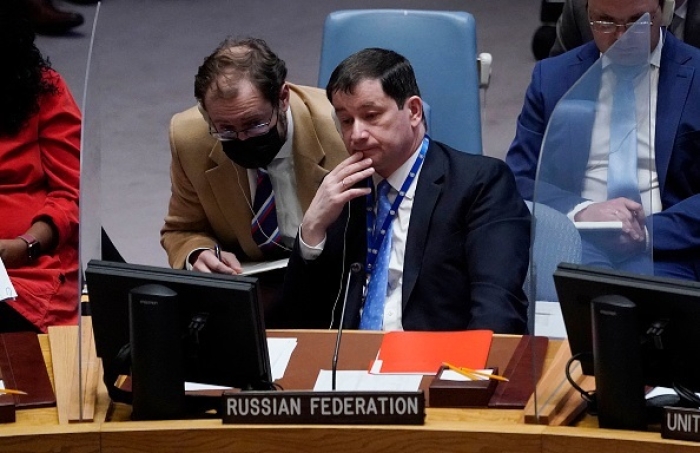 Russia's deputy permanent representative to the U.N. Dmitry Polyanskiy. (Photo by Timothy A. Clary/AFP via Getty Images)