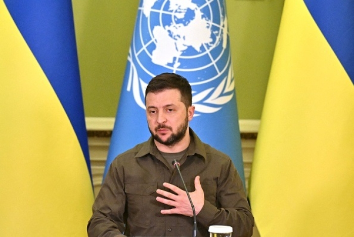 Ukrainian Preident Volodymyr Zelensky speaks during a joint press conference with the UN Secretary-General following their talks in Kyiv on April 28, 2022. (Photo by SERGEI SUPINSKY/AFP via Getty Images)