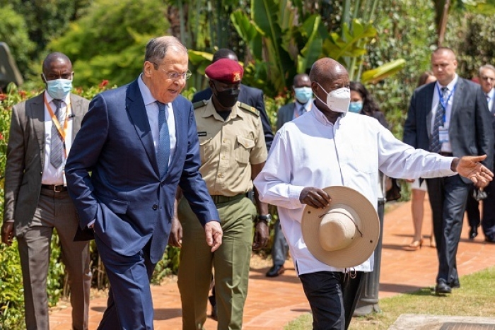 Russian Foreign Minister Sergei Lavrov with Ugandan President Yoweri Museveni in Entebbe, Uganda on Tuesday. (Photo by Badru Katumba/AFP via Getty Images)
