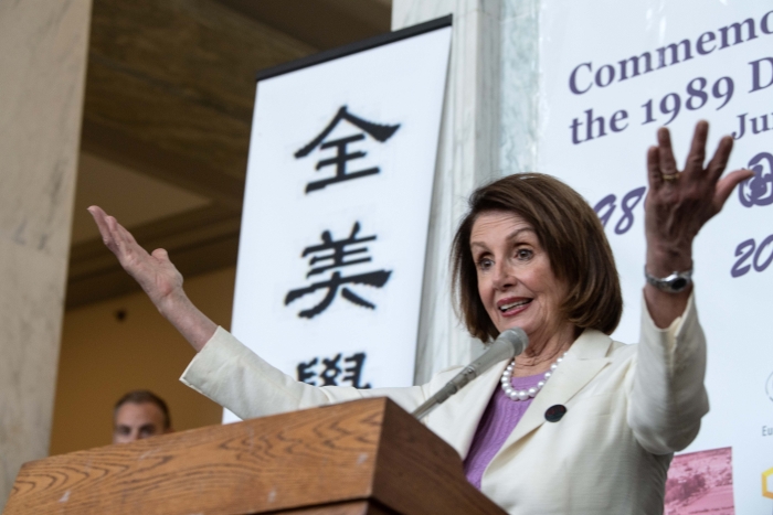House Speaker Nancy Pelosi, a longstanding critic of the CCP, speaks at a 2019 event in Washington marking the 30th anniversary of the Tiananmen Square massacre. (Photo by Nicholas Kamm/AFP via Getty Images)