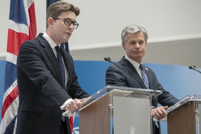 FBI Director Christopher Wray, right, and MI5 Director General Ken McCallum, at MI5 headquarters in London on Wednesday. (Photo: FBI)