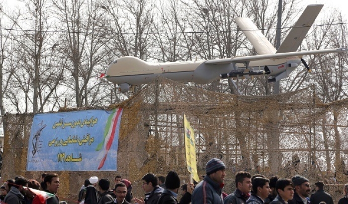 An Iranian Shahed-129 combat drone on display in Tehran during celebrations in Iran of the anniversary of the Islamic revolution. (Photo by Atta Kenare/AFP via Getty Images)