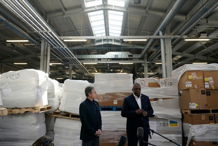 Defense Secretary Gen. Lloyd Austin and Secretary of State Antony Blinken speak to reporters in April in front of pallets of aid destined for Ukraine, in Poland near the border with Ukraine. (Photo by Alex Brandon / Pool / AFP via Getty Images) Defense Secretary Gen. Lloyd Austin and Secretary of State Antony Blinken speak to reporters in April in front of pallets of aid destined for Ukraine, in Poland near the border with Ukraine. (Photo by Alex Brandon / Pool / AFP via Getty Images)