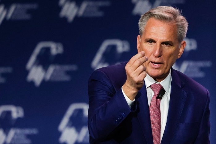 House Minority Leader Kevin McCarthy (R-Calif.) speaks at the Republican Jewish Coalition Annual Leadership Meeting in Las Vegas, Nevada, on November 19, 2022. (Photo by WADE VANDERVORT/AFP via Getty Images) House Minority Leader Kevin McCarthy (R-Calif.) speaks at the Republican Jewish Coalition Annual Leadership Meeting in Las Vegas, Nevada, on November 19, 2022. (Photo by WADE VANDERVORT/AFP via Getty Images)