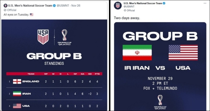 Tweets posted by the U.S. Soccer Federation over the weekend show (left) an altered version of the Iranian flag, and (right) an image of the actual flag. (Screen grabs: Twitter) Tweets posted by the U.S. Soccer Federation over the weekend show (left) an altered version of the Iranian flag, and (right) an image of the actual flag. (Screen grabs: Twitter)