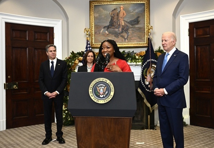 Cherelle Griner, wife of US women's basketball star Brittney Griner, expresses appreciation for President Biden's prisoner swap, a Russian arms dealer for Griner, newly freed from a Russian prison camp. (Photo by BRENDAN SMIALOWSKI/AFP via Getty Images) Cherelle Griner, wife of US women's basketball star Brittney Griner, expresses appreciation for President Biden's prisoner swap, a Russian arms dealer for Griner, newly freed from a Russian prison camp. (Photo by BRENDAN SMIALOWSKI/AFP via Getty Images)