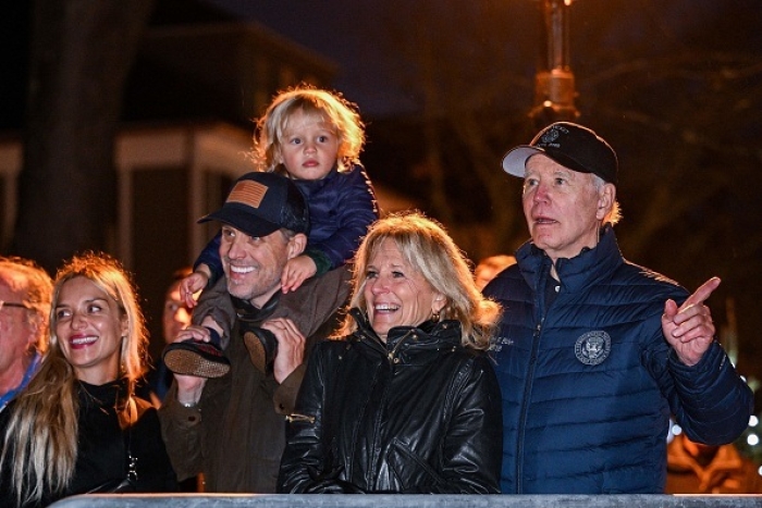 President Joe Biden's son Hunter is frequently seen with his family at official and unofficial events, including this Christmas tree lighting in Nantucket on Nov. 25. (Photo by MANDEL NGAN/AFP via Getty Images)