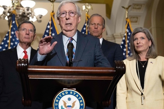 Senate Minority Leader Mitch McConnell, flanked by his fellow Republican leadership team, holds one of his weekly news conferences at the Capitol. (Photo by SAUL LOEB/AFP via Getty Images) Senate Minority Leader Mitch McConnell, flanked by his fellow Republican leadership team, holds one of his weekly news conferences at the Capitol. (Photo by SAUL LOEB/AFP via Getty Images)