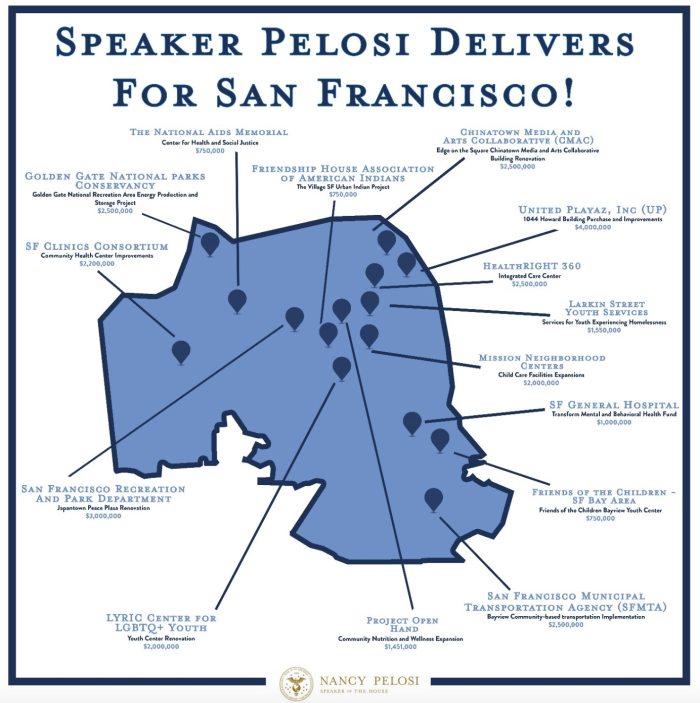 Speaker Pelosi included this map of organizations and projects in San Francisco that would be funded by the $1.7 trillion omnibus. (Screen Capture) Speaker Pelosi included this map of organizations and projects in San Francisco that would be funded by the $1.7 trillion omnibus. (Screen Capture)