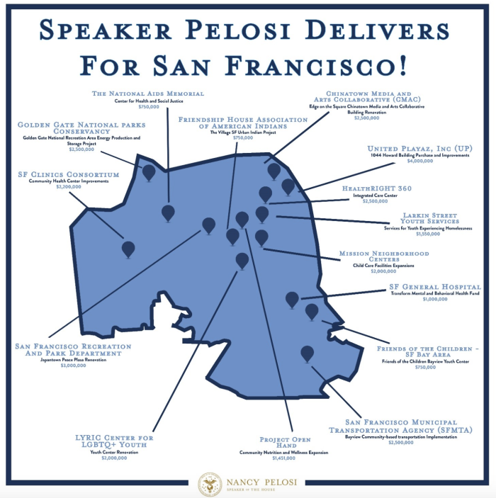 Speaker Pelosi included this map of organizations and projects in San Francisco that would be funded by the $1.7 trillion omnibus. (Screen Capture)