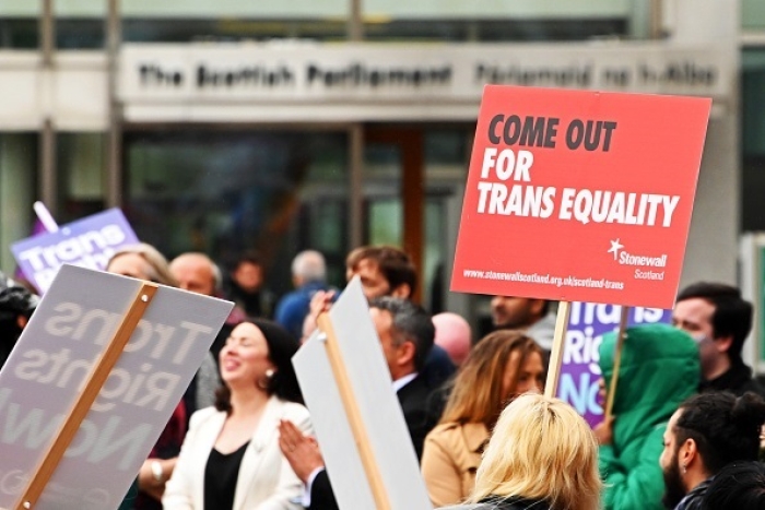 Protesters demonstrate outside the Scottish Parliament in Edinburgh in favor of changes to gender recognition legislation. (Photo by Ken Jack/Getty Images) Protesters demonstrate outside the Scottish Parliament in Edinburgh in favor of changes to gender recognition legislation. (Photo by Ken Jack/Getty Images)