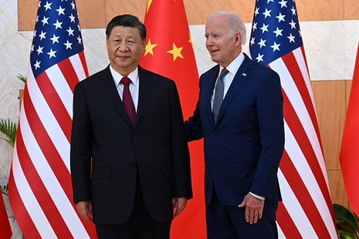 President Joe Biden and China's President Xi Jinping meet on the sidelines of the G20 Summit in Bali, Indonesia on November 14, 2022. (Photo by SAUL LOEB/AFP via Getty Images)