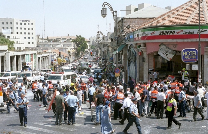 The aftermath of the suicide bombing at the Sbarro pizzeria in downtown Jerusalem on August 9, 2001. (Photo: State Department Rewards for Justice / Getty Images)