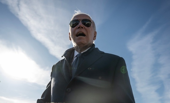 President Joe Biden, speaking to the press after arriving in Hagerstown, Maryland, on February 4, 2023, congratulated the military for 'successfully' shooting down the China spy balloon. (Photo by ANDREW CABALLERO-REYNOLDS/AFP via Getty Images) President Joe Biden, speaking to the press after arriving in Hagerstown, Maryland, on February 4, 2023, congratulated the military for 'successfully' shooting down the China spy balloon. (Photo by ANDREW CABALLERO-REYNOLDS/AFP via Getty Images)