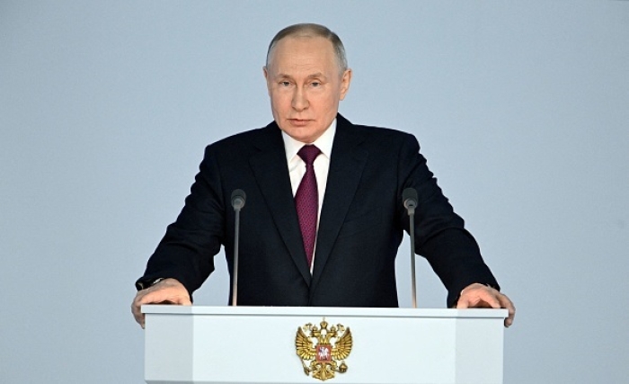Russian President Vladimir Putin delivers his annual state of the nation address in central Moscow on February 21, 2023. (Photo by PAVEL BEDNYAKOV/SPUTNIK/AFP via Getty Images) Russian President Vladimir Putin delivers his annual state of the nation address in central Moscow on February 21, 2023. (Photo by PAVEL BEDNYAKOV/SPUTNIK/AFP via Getty Images)