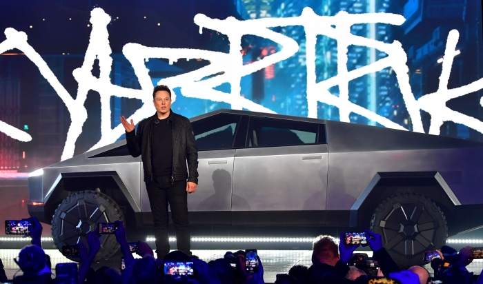Tesla co-founder and CEO Elon Musk introduces the newly unveiled all-electric battery-powered Tesla Cybertruck at Tesla Design Center in Hawthorne, California on November 21, 2019. (Getty Images)