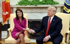 President Trump and Nikki Haley in the Oval Office on the day she resigned as ambassador to the U.N. (Photo by Olivier Douliery/AFP/Getty Images)