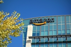 Featured is the Amazon logo atop an office building. (Photo credit: Lisa Werner/Contributor/Getty Images)