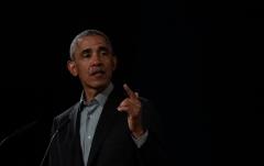 Former US President Barack Obama speaks at a "town hall" talk with young European leaders on April 6, 2019 in Berlin. (Photo credit: JOHN MACDOUGALL/AFP via Getty Images)