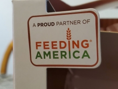 Close-up of logo for hunger charity Feeding America on product box, San Ramon, California, November 23, 2019. (Photo by Smith Collection/Gado/Getty Images)