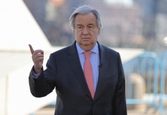 Secretary General Antonio Guterres visits the Ark of Return, a memorial to slavery, at the UN Headquarters in New York City, New York, March 9, 2020. (Photo credit: EuropaNewswire/Gado/Getty Images)