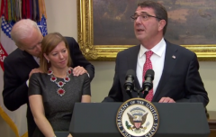 Biden nuzzles Stephanie Carter at her husband Ash Carter's swearing-in ceremony in 2015. (Photo: Screen capture)