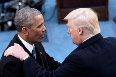 President Barack Obama shakes handds with Donald Trump at Trump's inauguration on Jan. 20, 2017. At the same time, Obama's National Security Advisor Susan Rice was writing a memo back at the White House, saying Obama -- at a Jan. 5 meeting -- had stressed his commitment to "ensuring that every aspect of this issue (apparently the FBI/Flynn issue) is handled by the Intelligence and law enforcement communities ‘by the book’. (Photo by BRENDAN SMIALOWSKI/AFP via Getty Images)