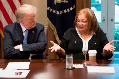 US President Donald Trump listens to Dr. Alveda King, niece of Dr. Martin Luther King Jr., during a meeting with inner city pastors at the White House in Washington, DC,on August 1, 2018. - President Trump delivered remarks at the roundtable discussion with several inner city pastors, and discussed the Administrations efforts on prison reform and other policy initiatives to improve Americans in inner cities. (Photo by JIM WATSON/AFP via Getty Images)