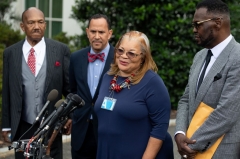 Alveda King (2R), niece of Dr. Martin Luther King Jr., speaks following a meeting with US President Donald Trump and other faith-based inner-city leaders at the White House in Washington, DC on July 29, 2019. (Photo credit should read SAUL LOEB/AFP via Getty Images)